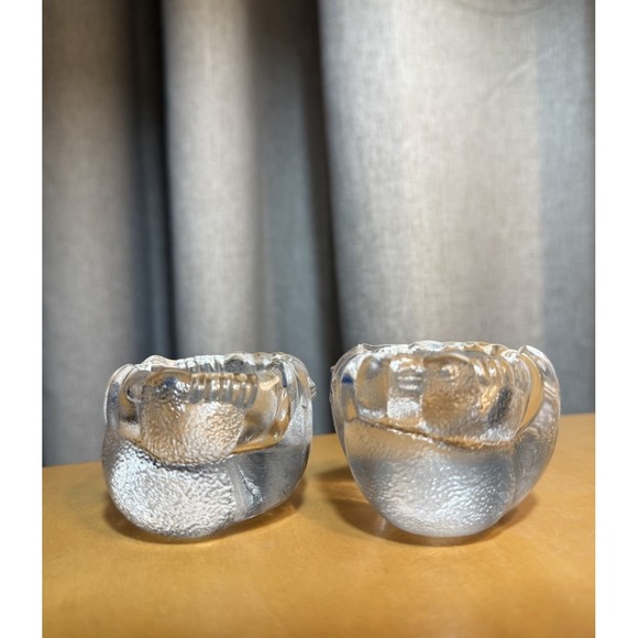 2 Vntg "Nuutajärvi 1793 Wärtsilä Finland" glass candle holders, Water Lily. 2" T